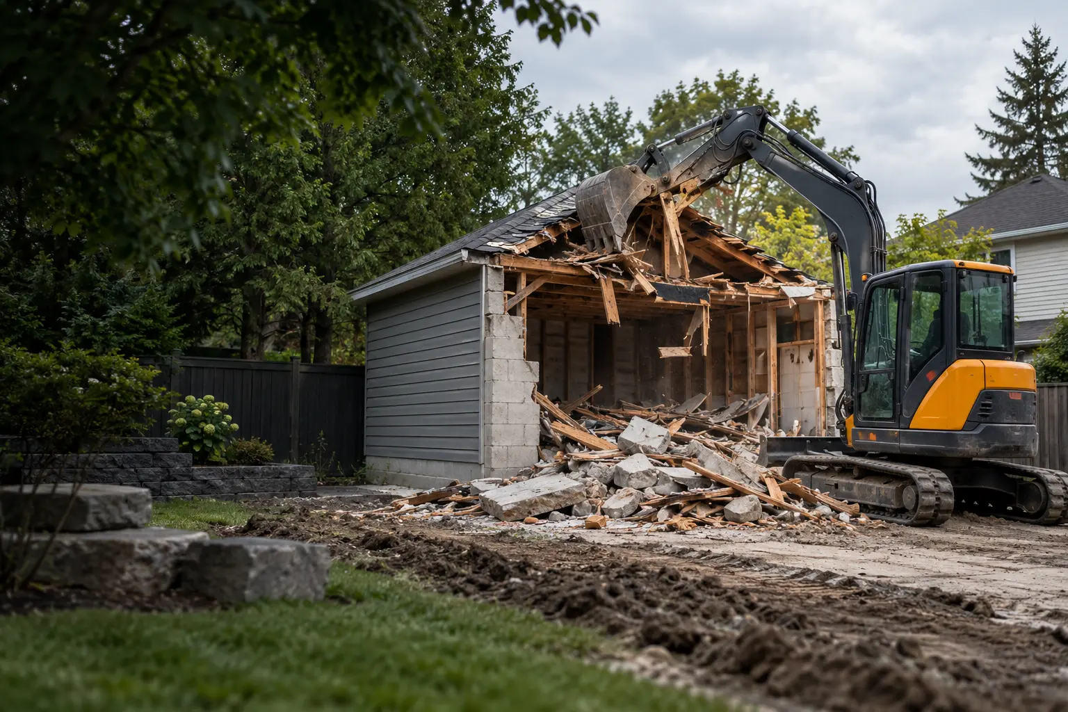 Concept scene of controlled garage demolition with a compact excavator