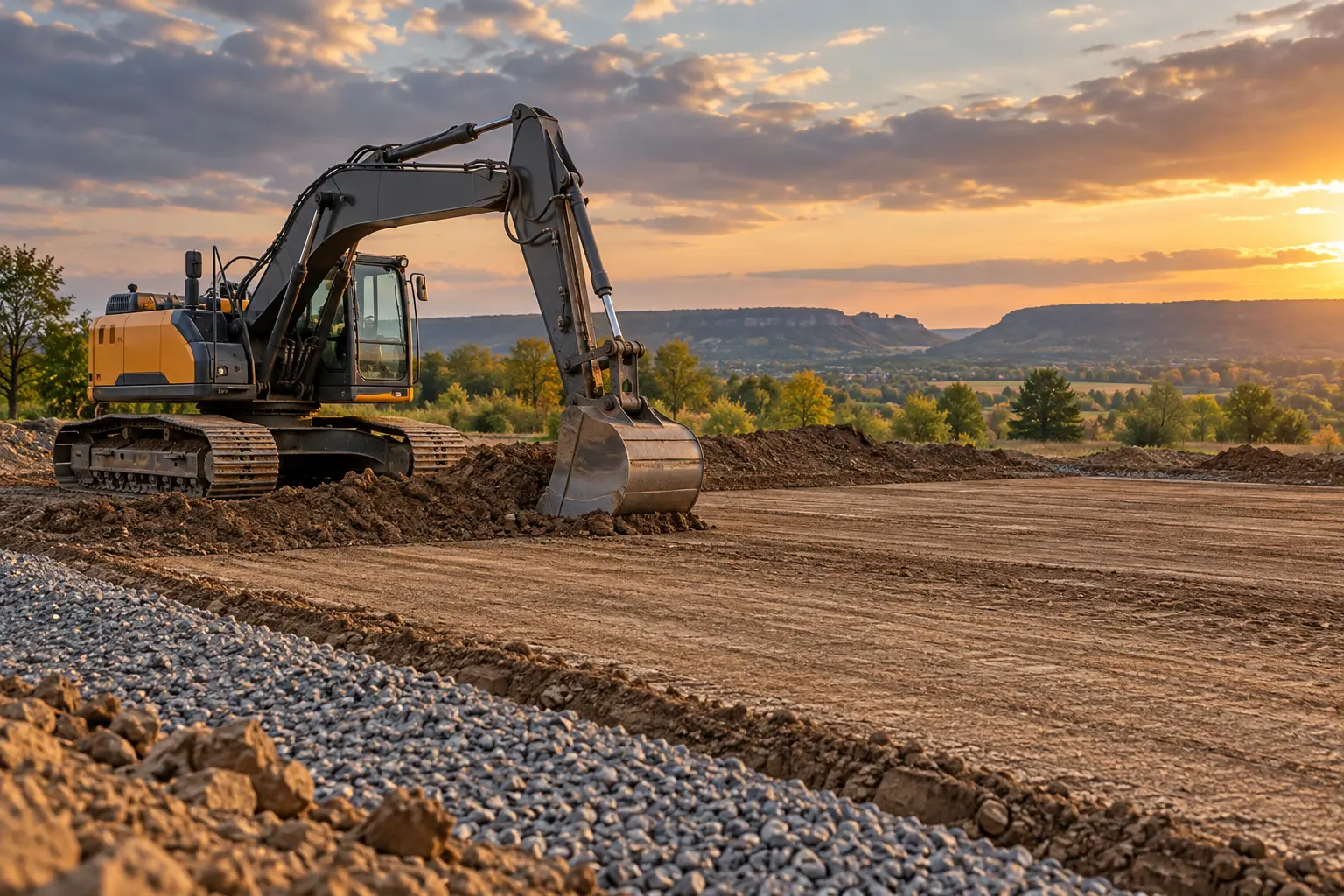 Concept scene of an excavator grading a prepared Southern Ontario building lot