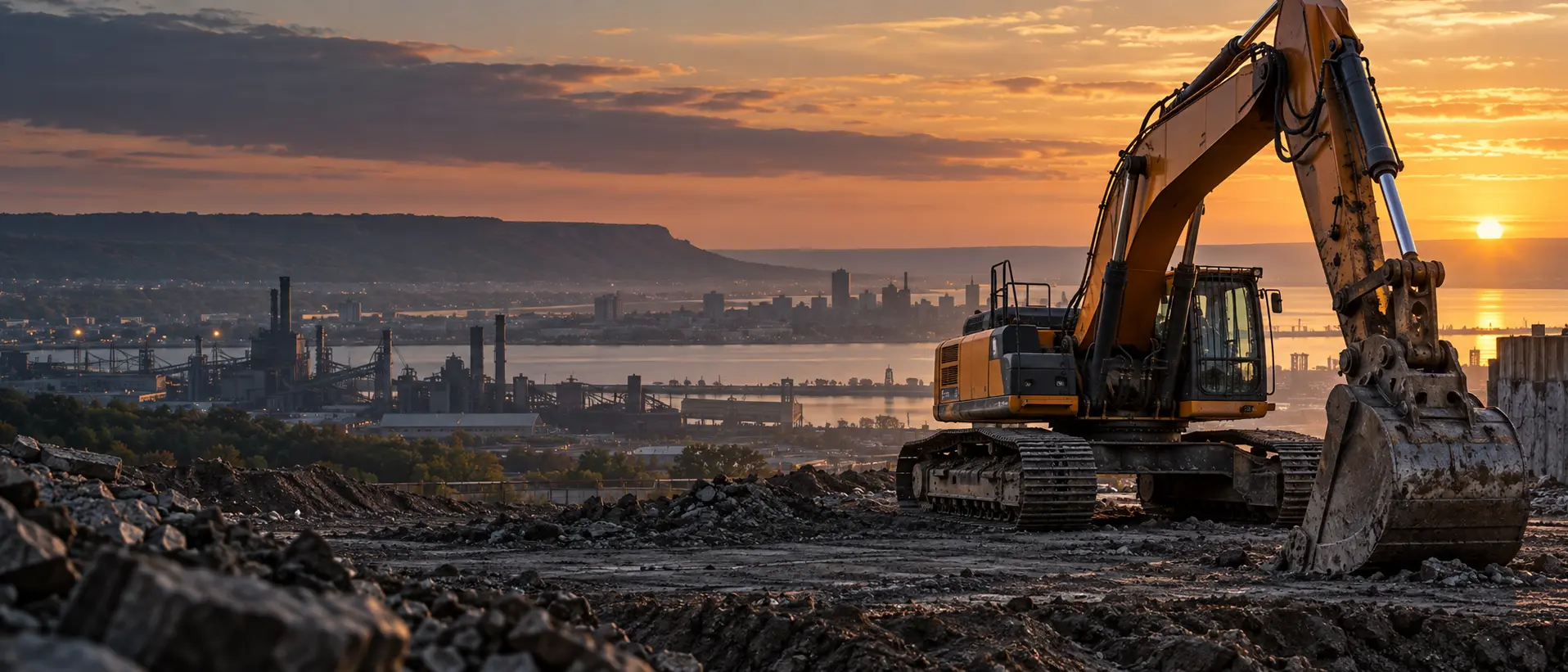 Atmospheric Hamilton-area construction scene with an excavator overlooking the industrial waterfront